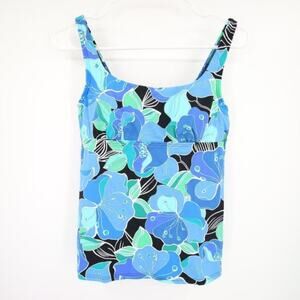 NWOT Lands End Blue Floral Black Swim Tankini Top Underwire Scoop Neck Size 4